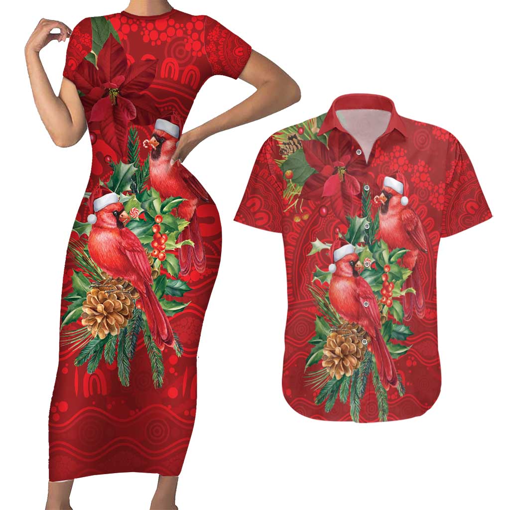 Aussie Red Cardinal Couples Matching Short Sleeve Bodycon Dress and Hawaiian Shirt Aboriginal Inspired Christmas - Aussie Hoodie