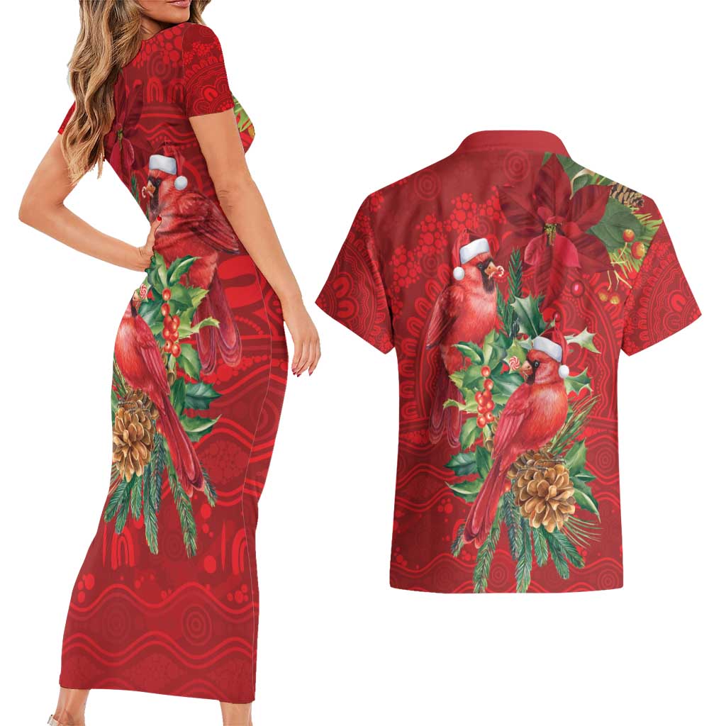Aussie Red Cardinal Couples Matching Short Sleeve Bodycon Dress and Hawaiian Shirt Aboriginal Inspired Christmas - Aussie Hoodie