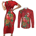 Aussie Red Cardinal Couples Matching Short Sleeve Bodycon Dress and Long Sleeve Button Shirt Aboriginal Inspired Christmas - Aussie Hoodie