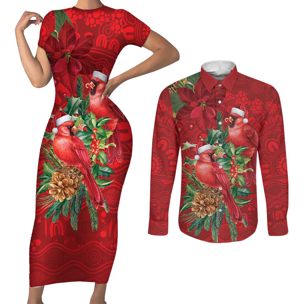 Aussie Red Cardinal Couples Matching Short Sleeve Bodycon Dress and Long Sleeve Button Shirt Aboriginal Inspired Christmas - Aussie Hoodie