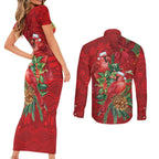 Aussie Red Cardinal Couples Matching Short Sleeve Bodycon Dress and Long Sleeve Button Shirt Aboriginal Inspired Christmas - Aussie Hoodie