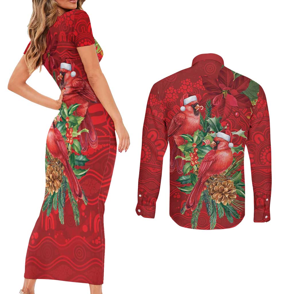 Aussie Red Cardinal Couples Matching Short Sleeve Bodycon Dress and Long Sleeve Button Shirt Aboriginal Inspired Christmas - Aussie Hoodie