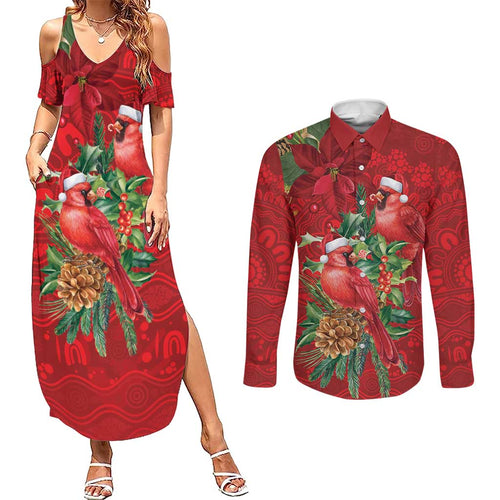 Aussie Red Cardinal Couples Matching Summer Maxi Dress and Long Sleeve Button Shirt Aboriginal Inspired Christmas - Aussie Hoodie