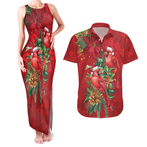 Aussie Red Cardinal Couples Matching Tank Maxi Dress and Hawaiian Shirt Aboriginal Inspired Christmas - Aussie Hoodie