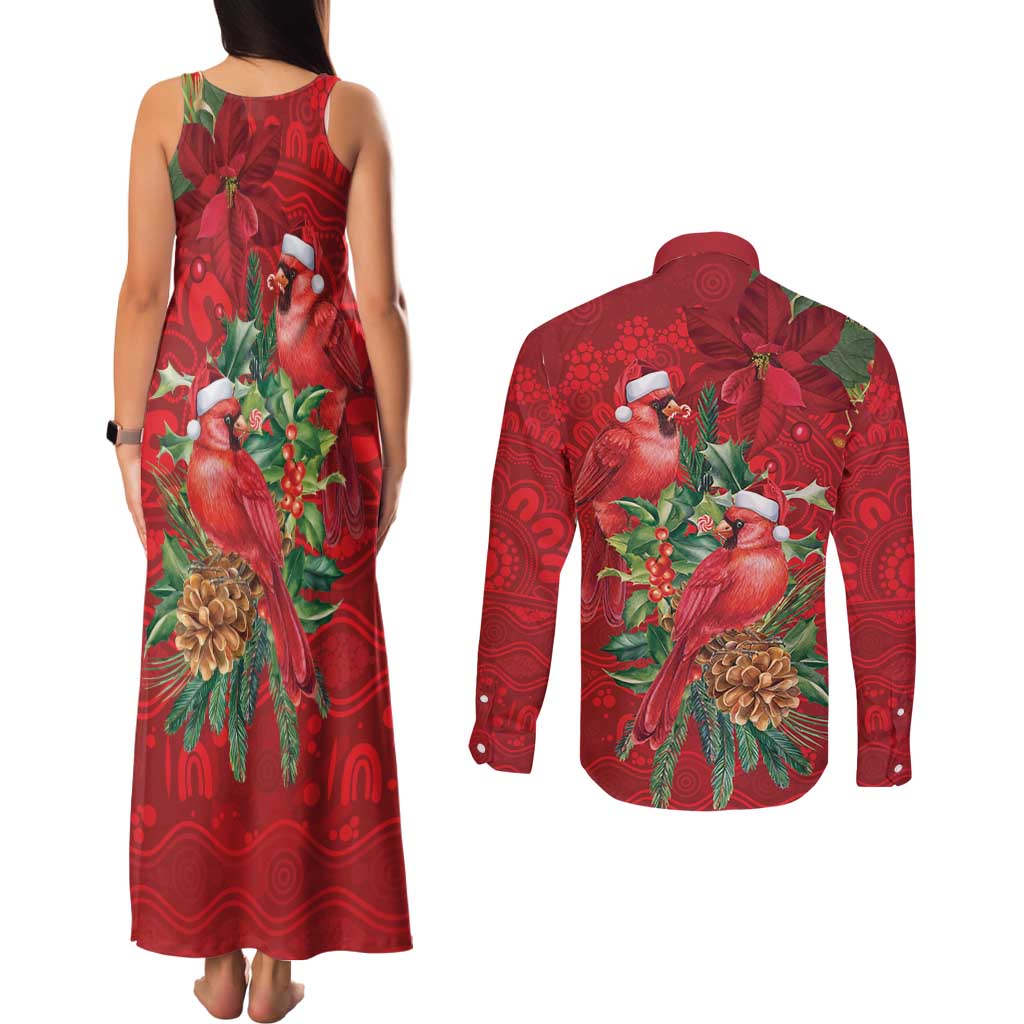 Aussie Red Cardinal Couples Matching Tank Maxi Dress and Long Sleeve Button Shirt Aboriginal Inspired Christmas - Aussie Hoodie
