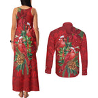 Aussie Red Cardinal Couples Matching Tank Maxi Dress and Long Sleeve Button Shirt Aboriginal Inspired Christmas - Aussie Hoodie