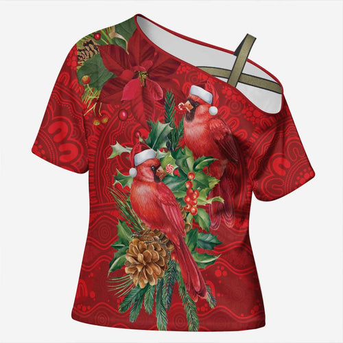 Aussie Red Cardinal Cross Shoulder Shirt Aboriginal Inspired Christmas - Aussie Hoodie