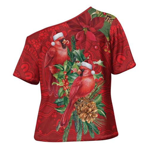 Aussie Red Cardinal Cross Shoulder Shirt Aboriginal Inspired Christmas - Aussie Hoodie