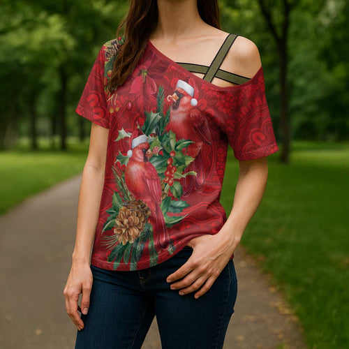 Aussie Red Cardinal Cross Shoulder Shirt Aboriginal Inspired Christmas - Aussie Hoodie