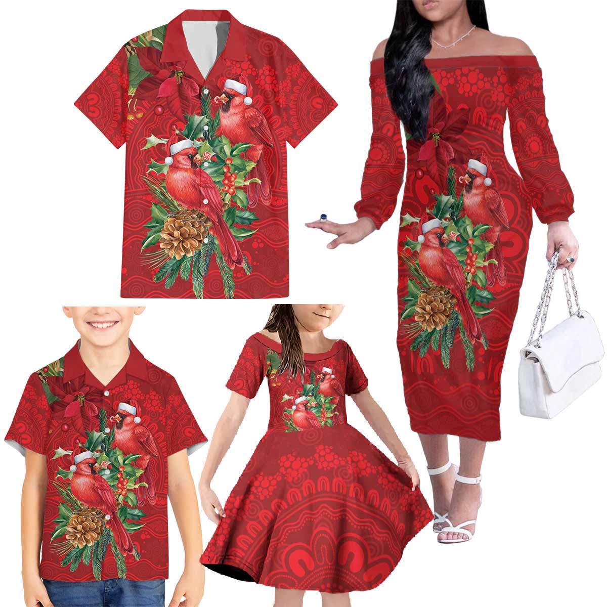 Aussie Red Cardinal Family Matching Off The Shoulder Long Sleeve Dress and Hawaiian Shirt Aboriginal Inspired Christmas - Aussie Hoodie