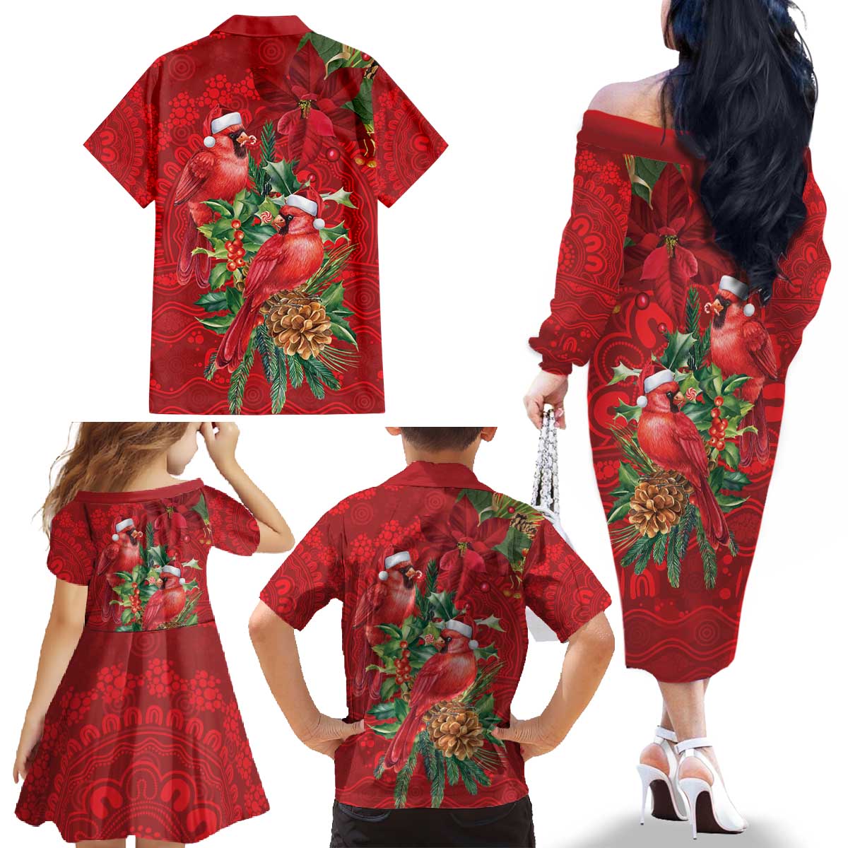 Aussie Red Cardinal Family Matching Off The Shoulder Long Sleeve Dress and Hawaiian Shirt Aboriginal Inspired Christmas - Aussie Hoodie