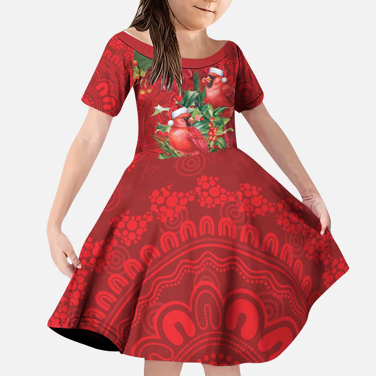 Aussie Red Cardinal Kid Short Sleeve Dress Aboriginal Inspired Christmas - Aussie Hoodie