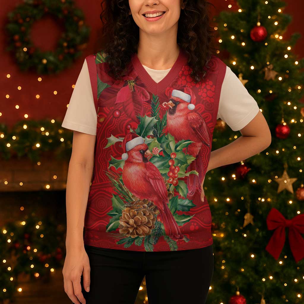 Aussie Red Cardinal Christmas Knitted V-Neck Vest Aboriginal Inspired Christmas - Aussie Hoodie