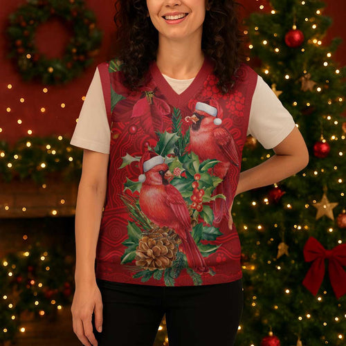 Aussie Red Cardinal Christmas Knitted V-Neck Vest Aboriginal Inspired Christmas - Aussie Hoodie