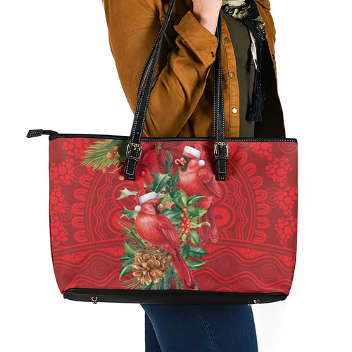 Aussie Red Cardinal Leather Tote Bag Aboriginal Inspired Christmas - Aussie Hoodie