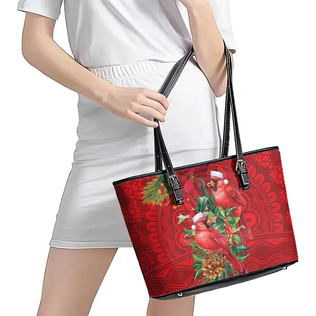 Aussie Red Cardinal Leather Tote Bag Aboriginal Inspired Christmas - Aussie Hoodie