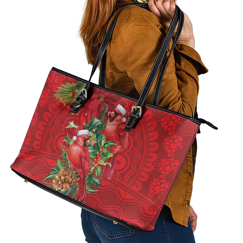 Aussie Red Cardinal Leather Tote Bag Aboriginal Inspired Christmas - Aussie Hoodie