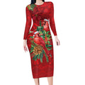 Aussie Red Cardinal Long Sleeve Bodycon Dress Aboriginal Inspired Christmas - Aussie Hoodie
