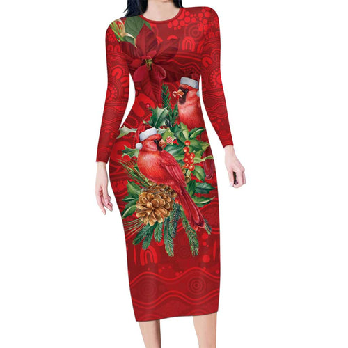 Aussie Red Cardinal Long Sleeve Bodycon Dress Aboriginal Inspired Christmas - Aussie Hoodie
