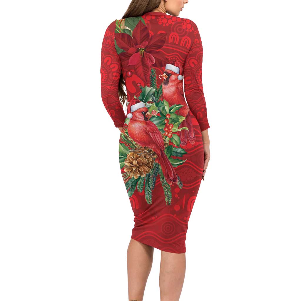 Aussie Red Cardinal Long Sleeve Bodycon Dress Aboriginal Inspired Christmas - Aussie Hoodie