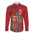 Aussie Red Cardinal Long Sleeve Button Shirt Aboriginal Inspired Christmas - Aussie Hoodie
