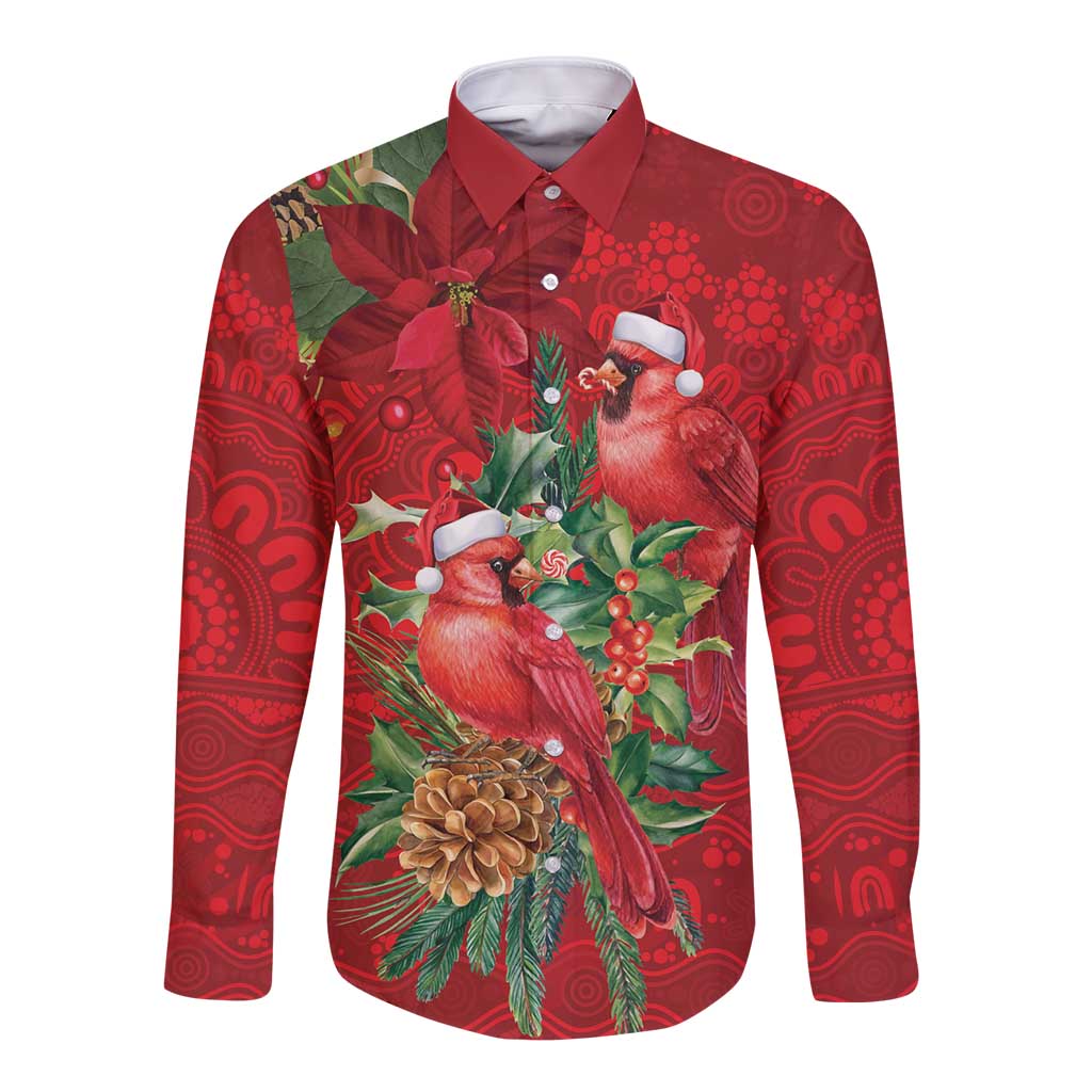 Aussie Red Cardinal Long Sleeve Button Shirt Aboriginal Inspired Christmas - Aussie Hoodie
