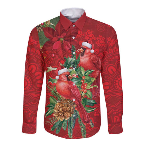 Aussie Red Cardinal Long Sleeve Button Shirt Aboriginal Inspired Christmas - Aussie Hoodie