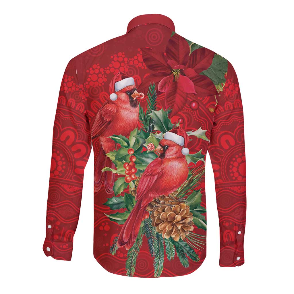 Aussie Red Cardinal Long Sleeve Button Shirt Aboriginal Inspired Christmas - Aussie Hoodie