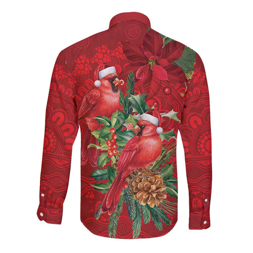 Aussie Red Cardinal Long Sleeve Button Shirt Aboriginal Inspired Christmas - Aussie Hoodie