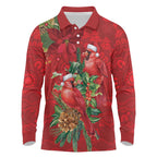 Aussie Red Cardinal Long Sleeve Polo Shirt Aboriginal Inspired Christmas - Aussie Hoodie