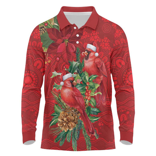 Aussie Red Cardinal Long Sleeve Polo Shirt Aboriginal Inspired Christmas - Aussie Hoodie