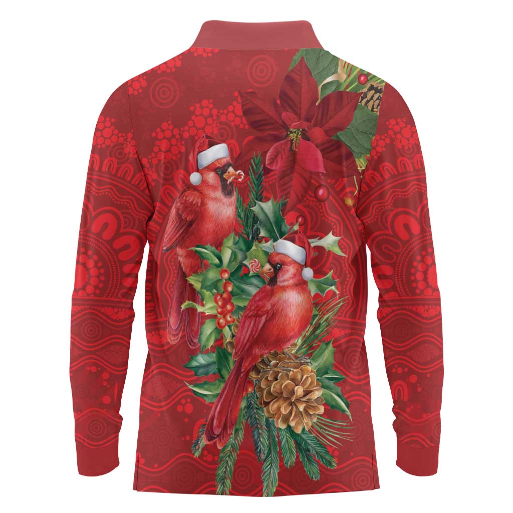 Aussie Red Cardinal Long Sleeve Polo Shirt Aboriginal Inspired Christmas - Aussie Hoodie