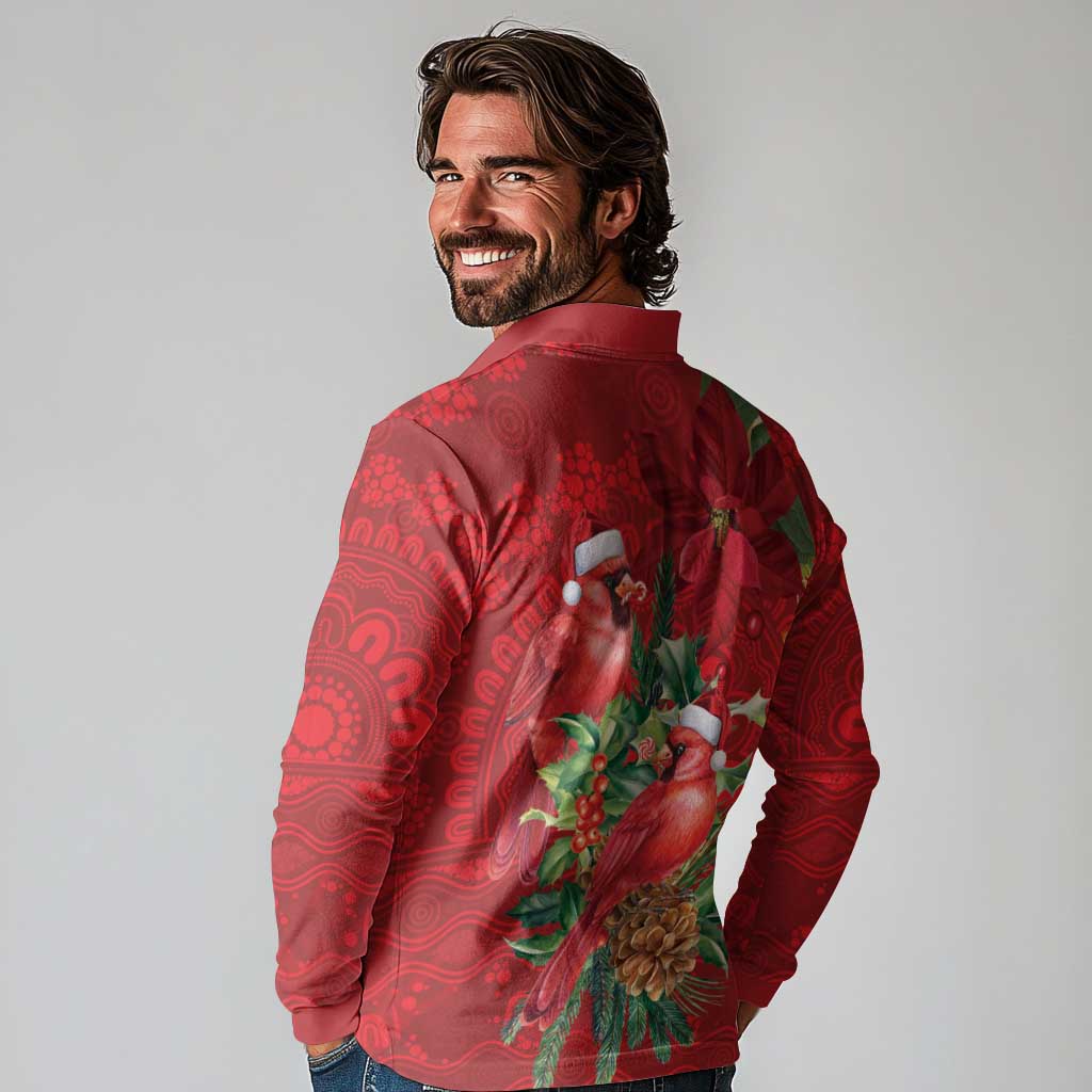 Aussie Red Cardinal Long Sleeve Polo Shirt Aboriginal Inspired Christmas - Aussie Hoodie