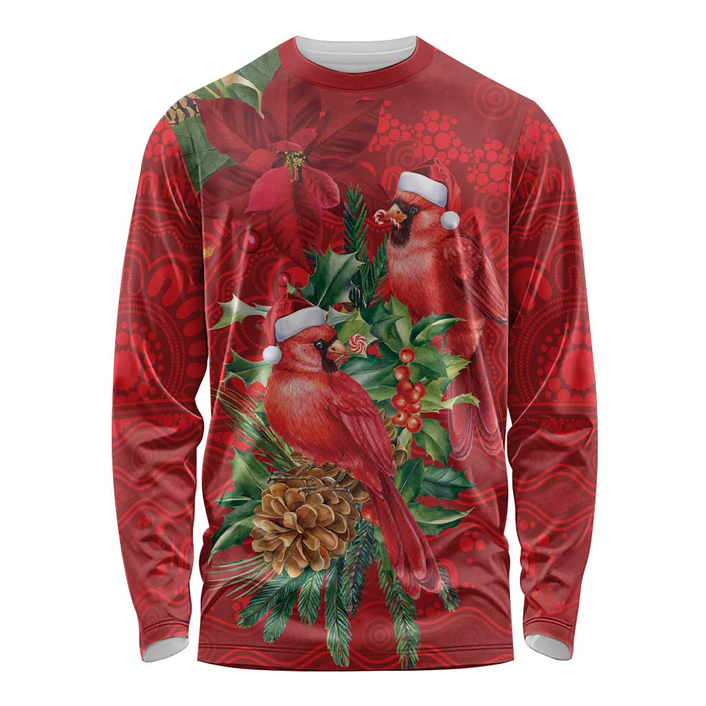 Aussie Red Cardinal Long Sleeve Shirt Aboriginal Inspired Christmas - Aussie Hoodie