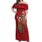 Aussie Red Cardinal Off Shoulder Maxi Dress Aboriginal Inspired Christmas - Aussie Hoodie