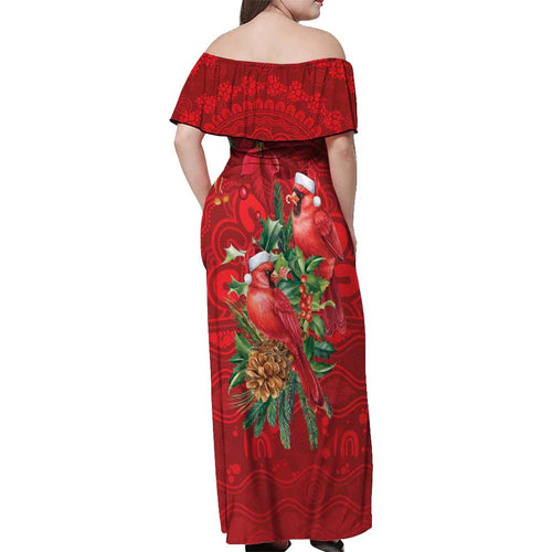Aussie Red Cardinal Off Shoulder Maxi Dress Aboriginal Inspired Christmas - Aussie Hoodie