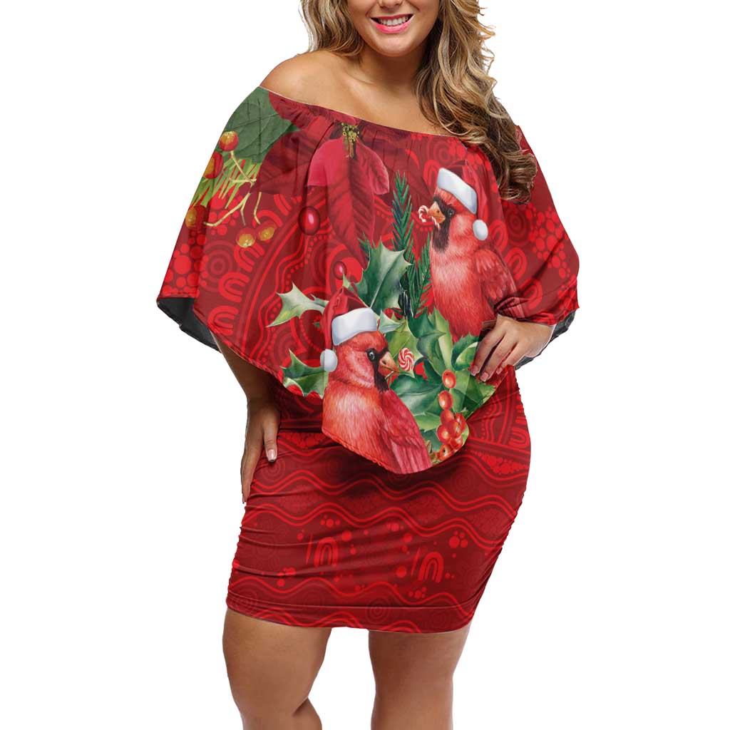 Aussie Red Cardinal Off Shoulder Short Dress Aboriginal Inspired Christmas - Aussie Hoodie