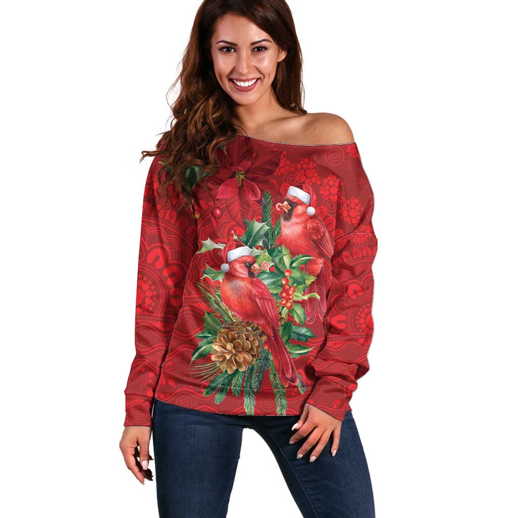 Aussie Red Cardinal Off Shoulder Sweater Aboriginal Inspired Christmas - Aussie Hoodie