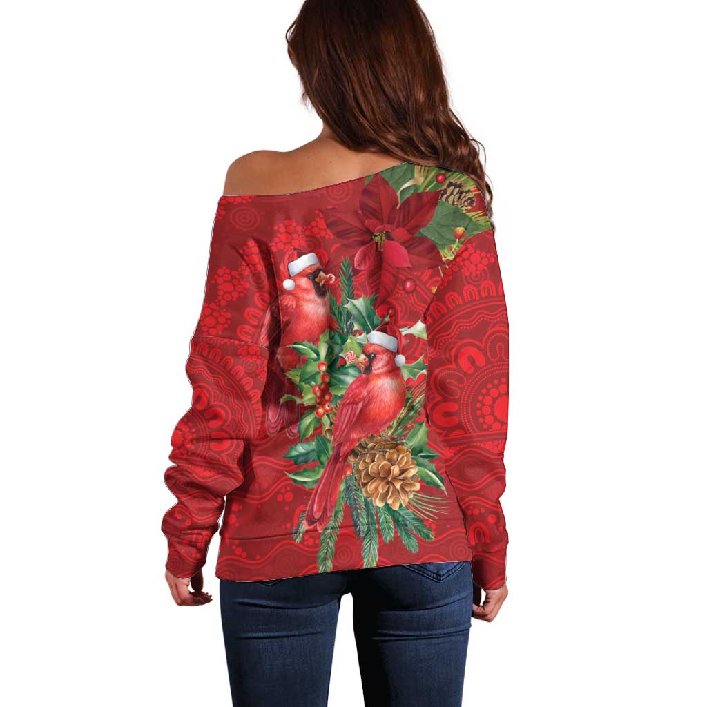 Aussie Red Cardinal Off Shoulder Sweater Aboriginal Inspired Christmas - Aussie Hoodie