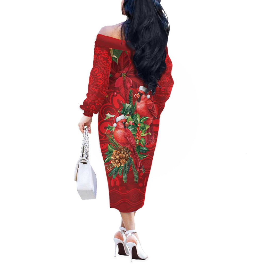 Aussie Red Cardinal Off The Shoulder Long Sleeve Dress Aboriginal Inspired Christmas - Aussie Hoodie