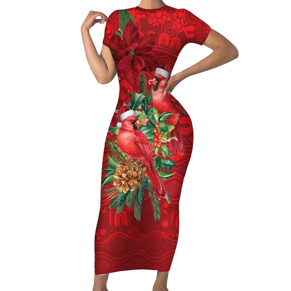 Aussie Red Cardinal Short Sleeve Bodycon Dress Aboriginal Inspired Christmas - Aussie Hoodie