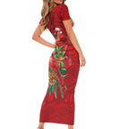 Aussie Red Cardinal Short Sleeve Bodycon Dress Aboriginal Inspired Christmas - Aussie Hoodie