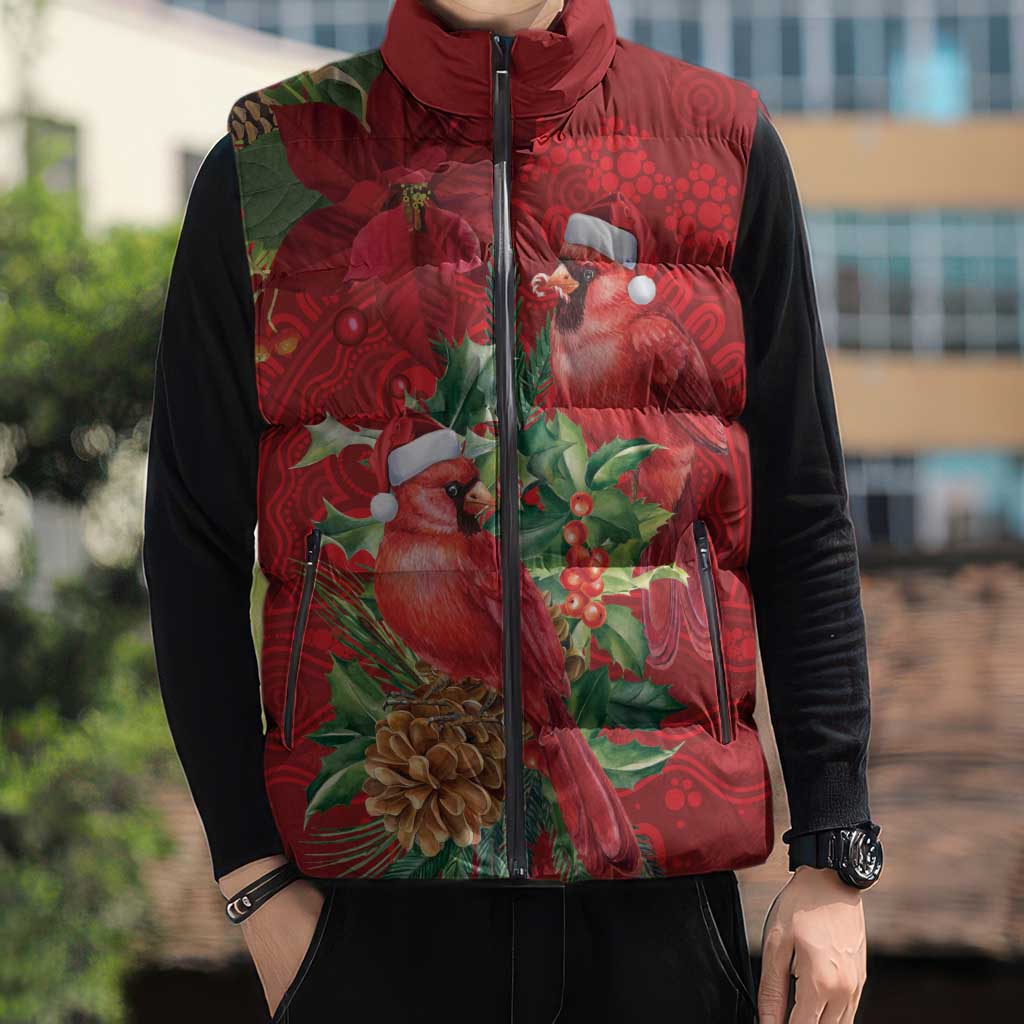 Aussie Red Cardinal Sleeveless Puffer Jacket Aboriginal Inspired Christmas - Aussie Hoodie