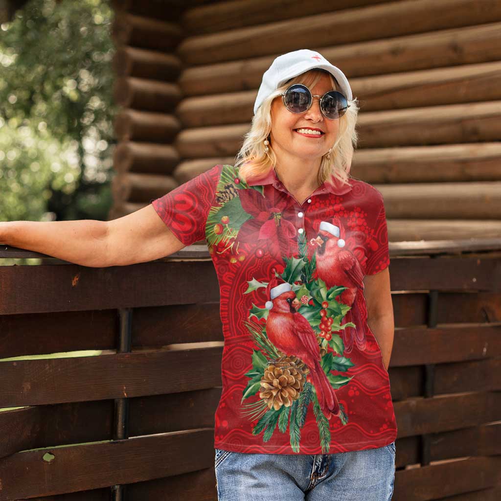 Aussie Red Cardinal Women Polo Shirt Aboriginal Inspired Christmas - Aussie Hoodie