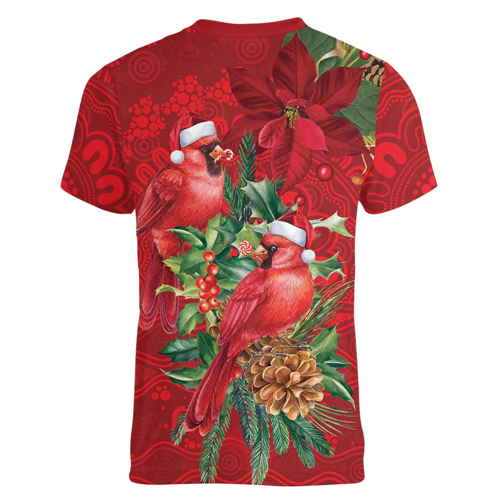 Aussie Red Cardinal Women V-Neck T-Shirt Aboriginal Inspired Christmas - Aussie Hoodie