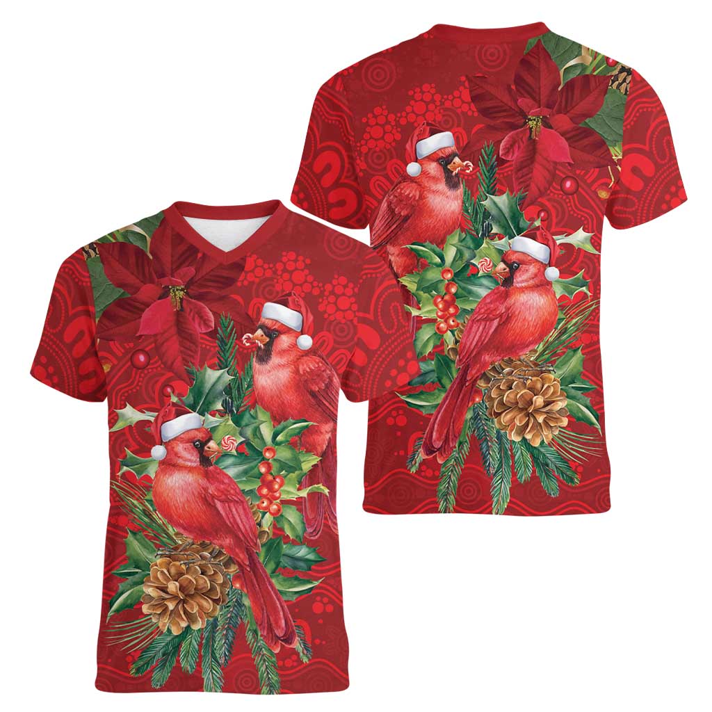 Aussie Red Cardinal Women V-Neck T-Shirt Aboriginal Inspired Christmas - Aussie Hoodie