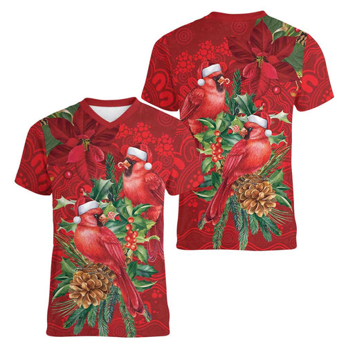 Aussie Red Cardinal Women V-Neck T-Shirt Aboriginal Inspired Christmas - Aussie Hoodie