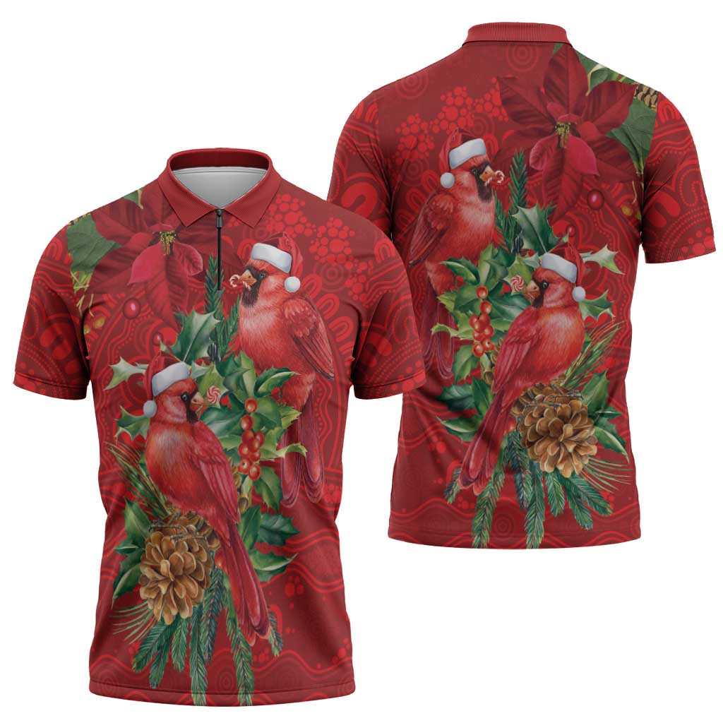 Aussie Red Cardinal Zipper Polo Shirt Aboriginal Inspired Christmas - Aussie Hoodie