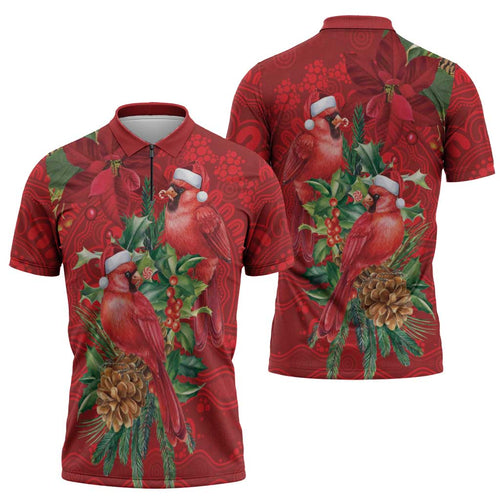Aussie Red Cardinal Zipper Polo Shirt Aboriginal Inspired Christmas - Aussie Hoodie