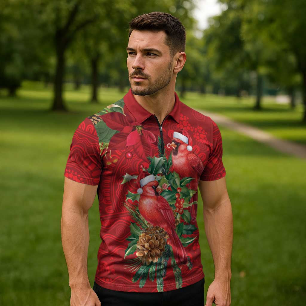 Aussie Red Cardinal Zipper Polo Shirt Aboriginal Inspired Christmas - Aussie Hoodie